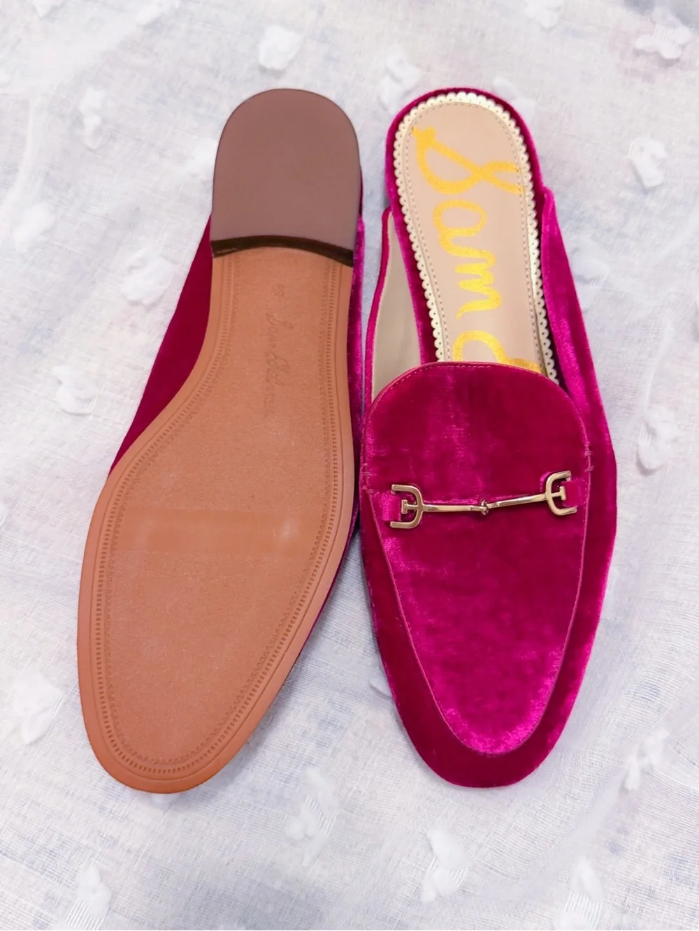 New! Sam Edelman Pink Velvet Backless Loafers in Fuchsia with Gold Bit